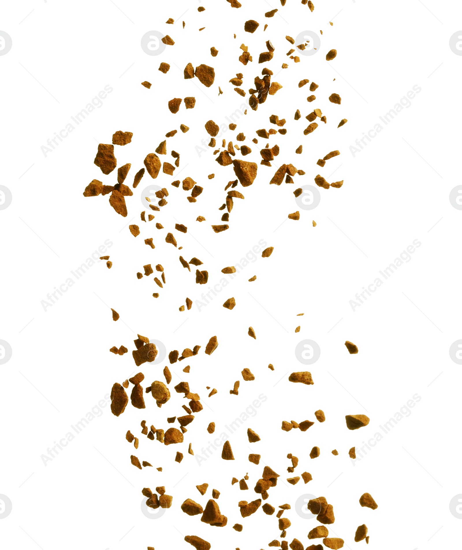 Photo of Pouring aromatic instant coffee on white background