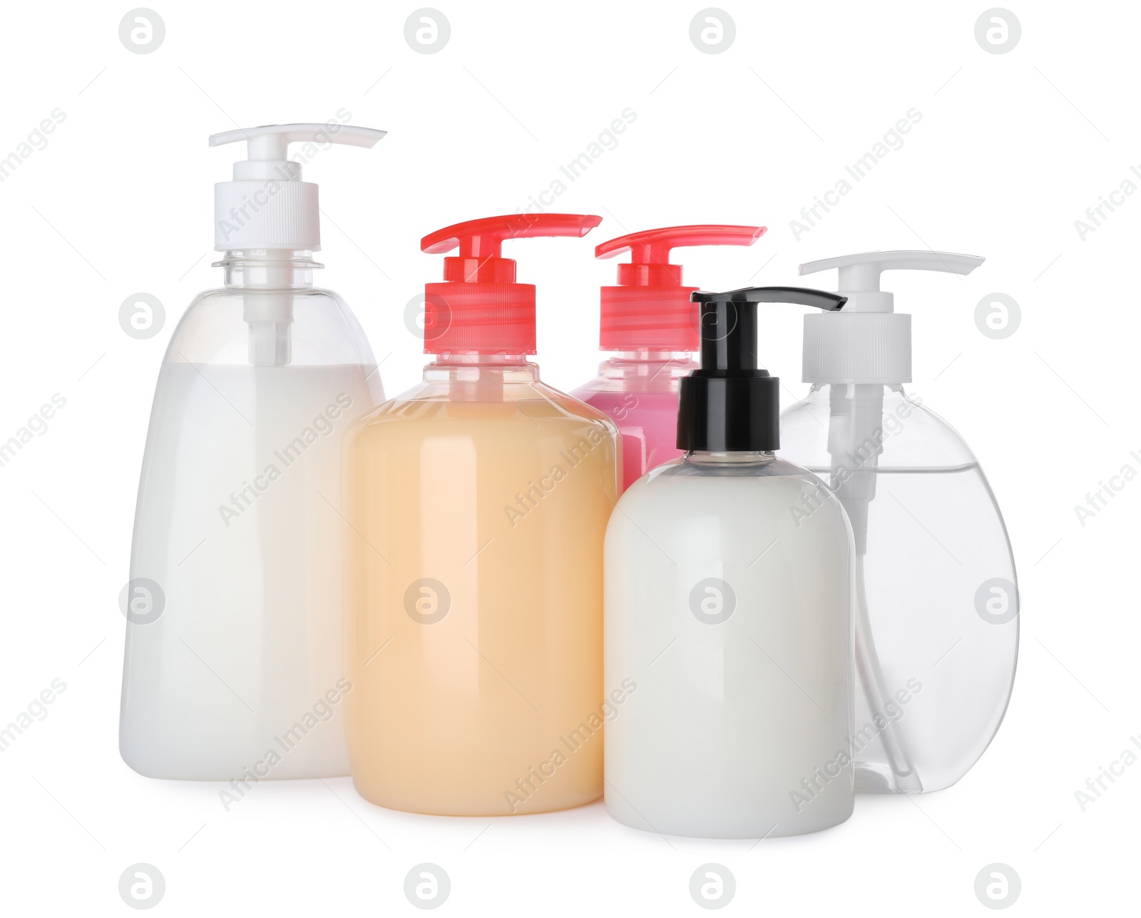 Photo of Dispensers of liquid soap on white background