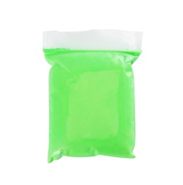 Package of green play dough on white background, top view