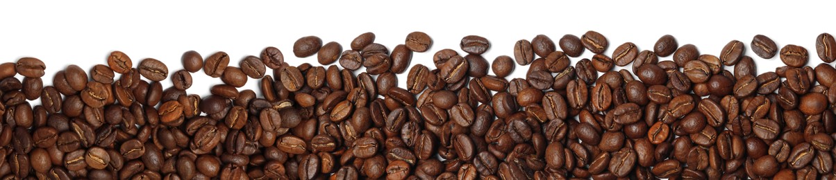 Many roasted coffee beans on white background, top view. Banner design