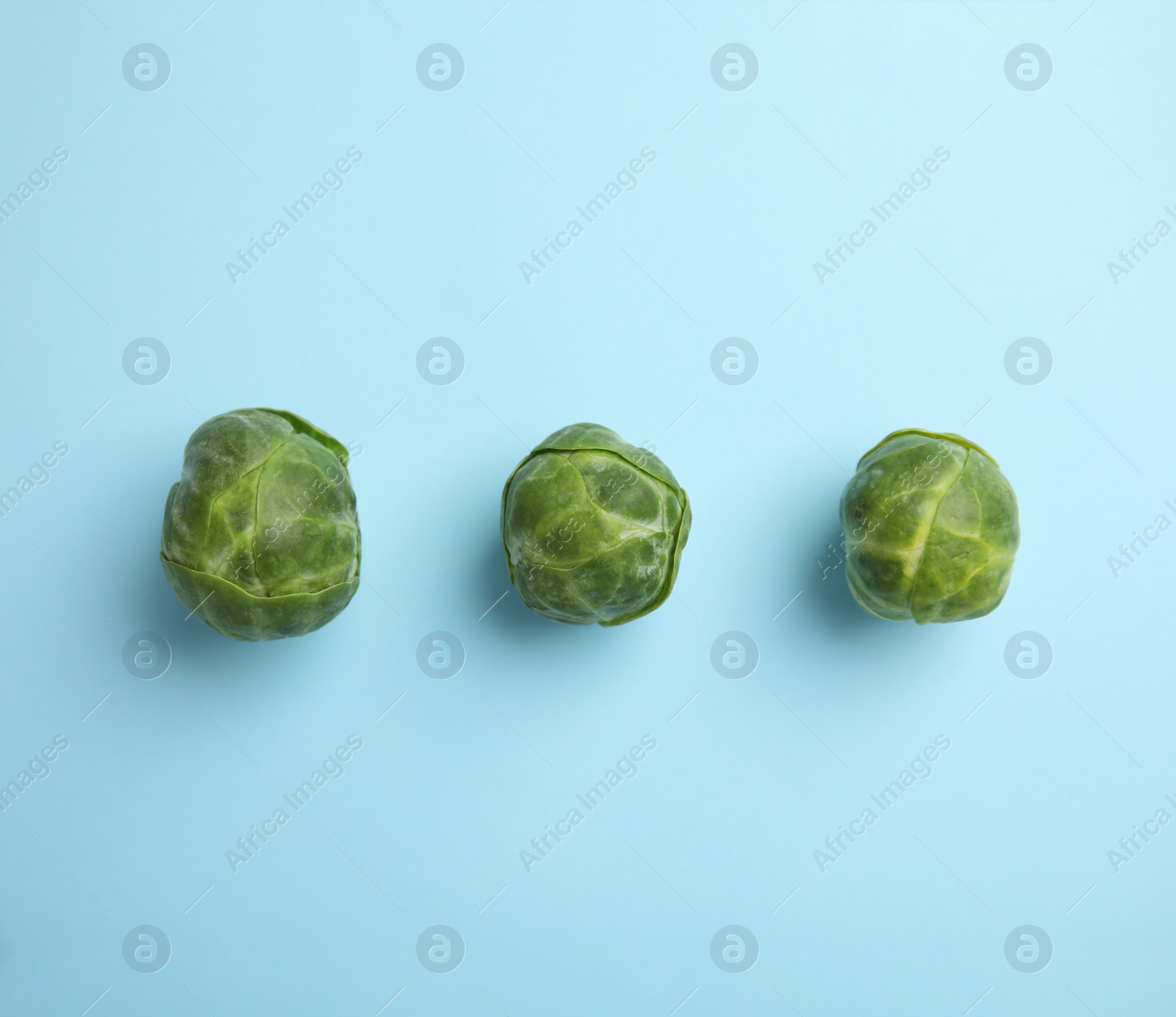 Photo of Fresh Brussels sprouts on light blue background, flat lay