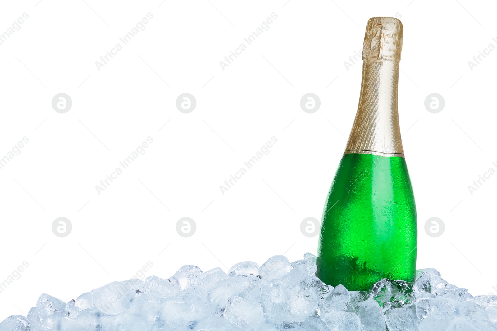 Photo of Ice cubes and bottle of champagne on white background