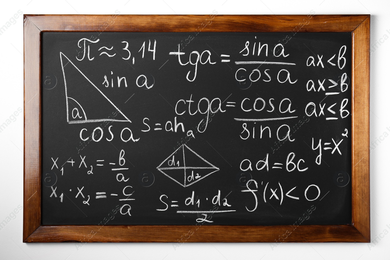 Photo of Chalkboard with many different math formulas on white wall