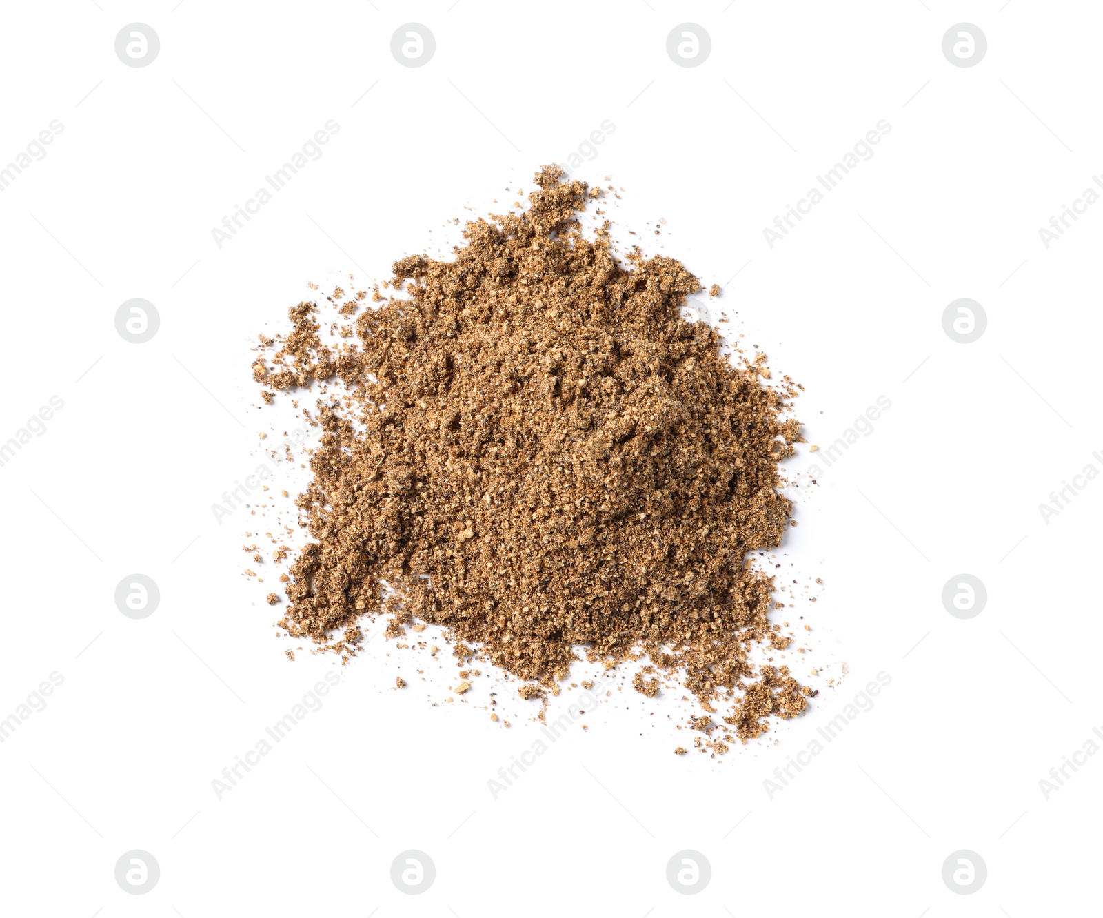 Photo of Heap of aromatic caraway (Persian cumin) powder isolated on white, top view