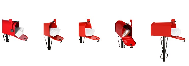 Image of Set of red letter boxes with envelopes on white background. Banner design