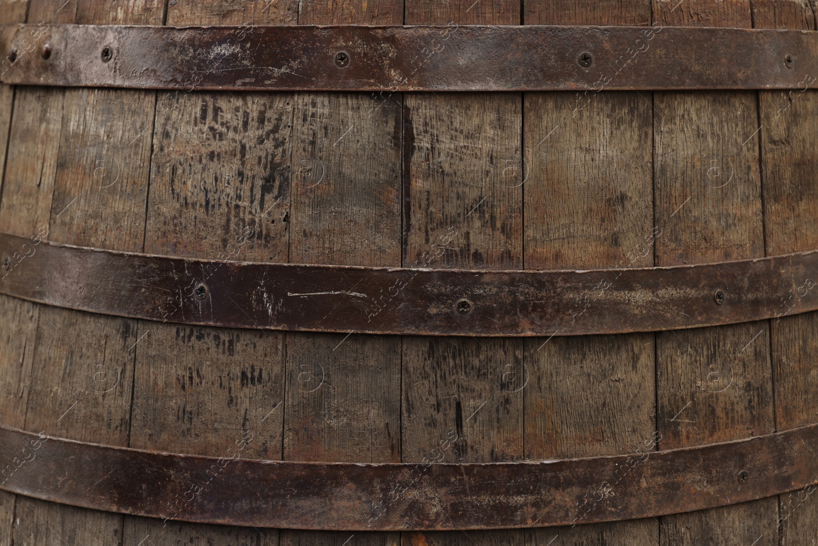 Photo of Traditional wooden barrel as background, closeup. Wine making