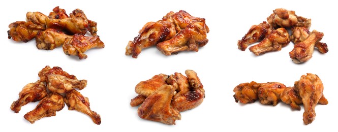 Set with tasty roasted chicken wings on white background. Banner design