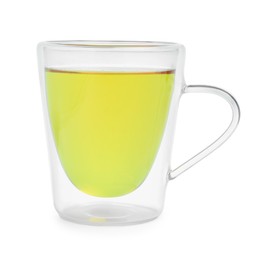 Fresh green tea in glass mug isolated on white