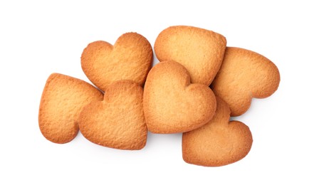 Photo of Tasty heart shaped Danish butter cookies isolated on white, top view