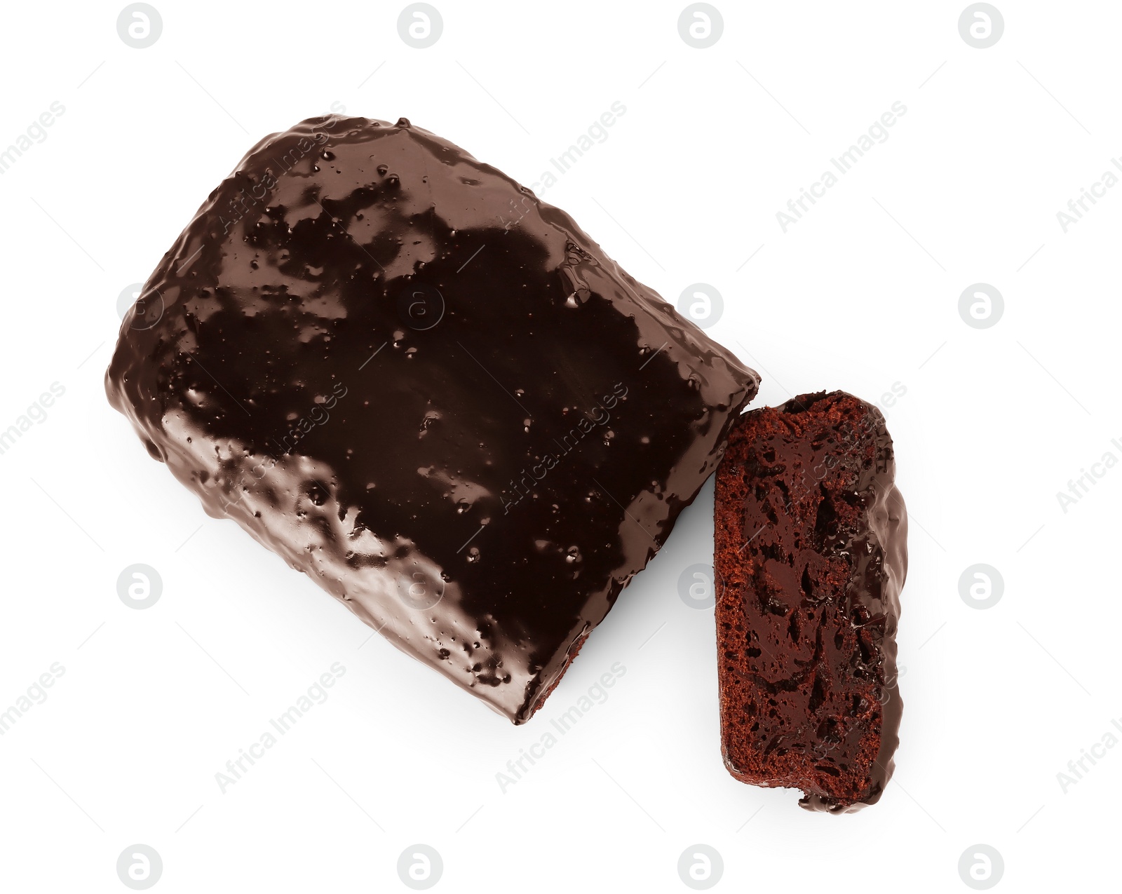 Photo of Delicious chocolate sponge cake isolated on white, top view