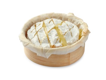 Photo of Tasty baked brie cheese isolated on white