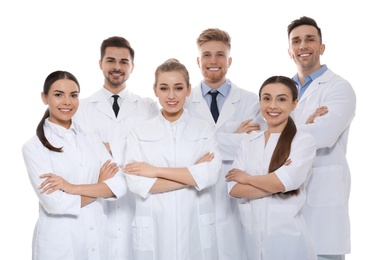 Group of medical doctors isolated on white. Unity concept