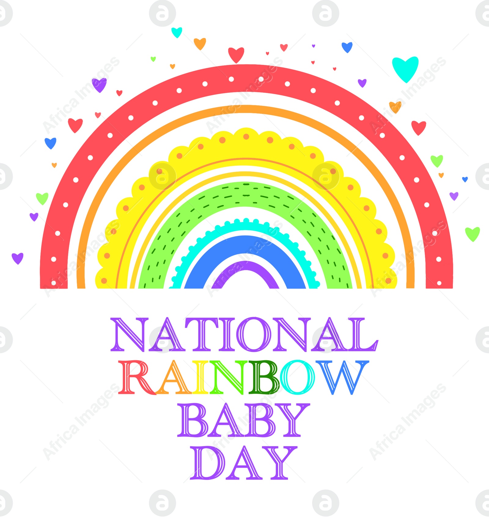 Illustration of National Rainbow Baby Day card. Rainbow and hearts on white background, illustration