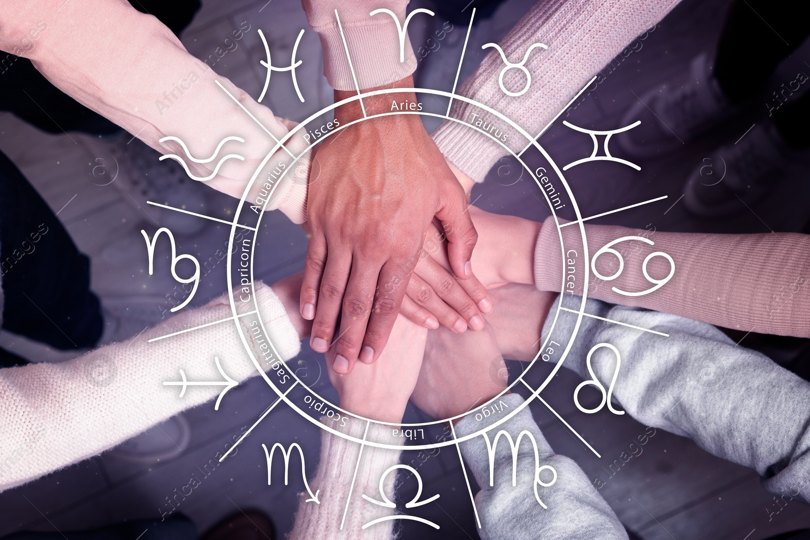 Image of Relationships and horoscope. Zodiac wheel and photo of people joining hands together, closeup