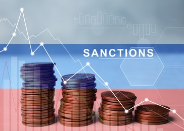 Image of Stack of coins, graph and Russian flag, multiple exposure. Concept of sanctions against Russia