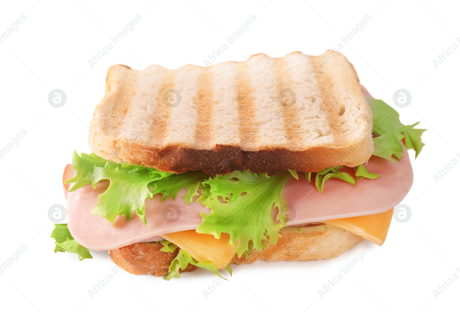 Photo of Tasty sandwich with ham isolated on white