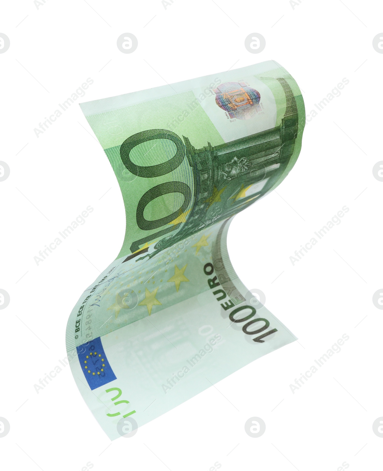 Photo of Flying one hundred Euro banknote isolated on white