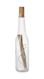 Photo of Message in corked glass bottle isolated on white