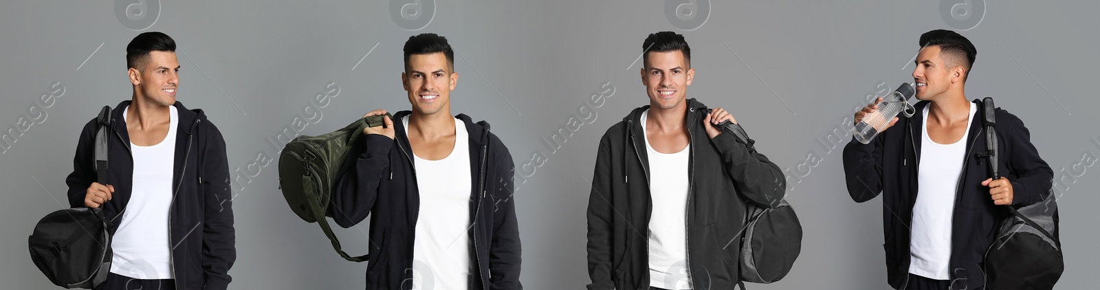 Image of Man with sports bag on grey background, collage. Banner design 