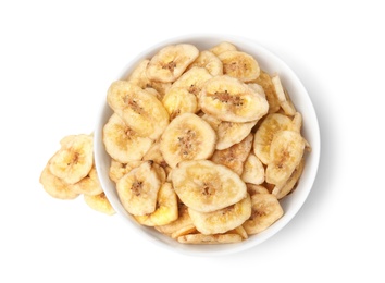 Photo of Bowl with sweet banana slices on white background, top view. Dried fruit as healthy snack