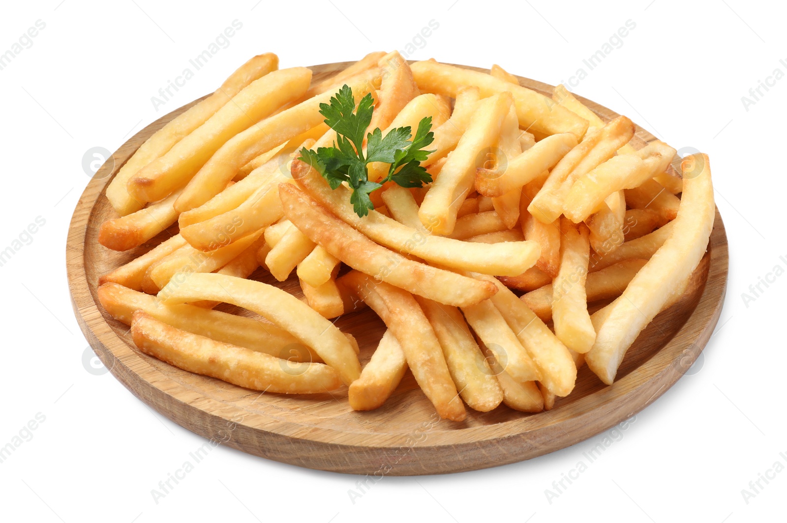 Photo of Wooden plate of delicious french fries on white background