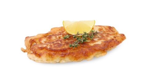 Photo of Tasty fish in soda water batter, thyme and lemon slice isolated on white
