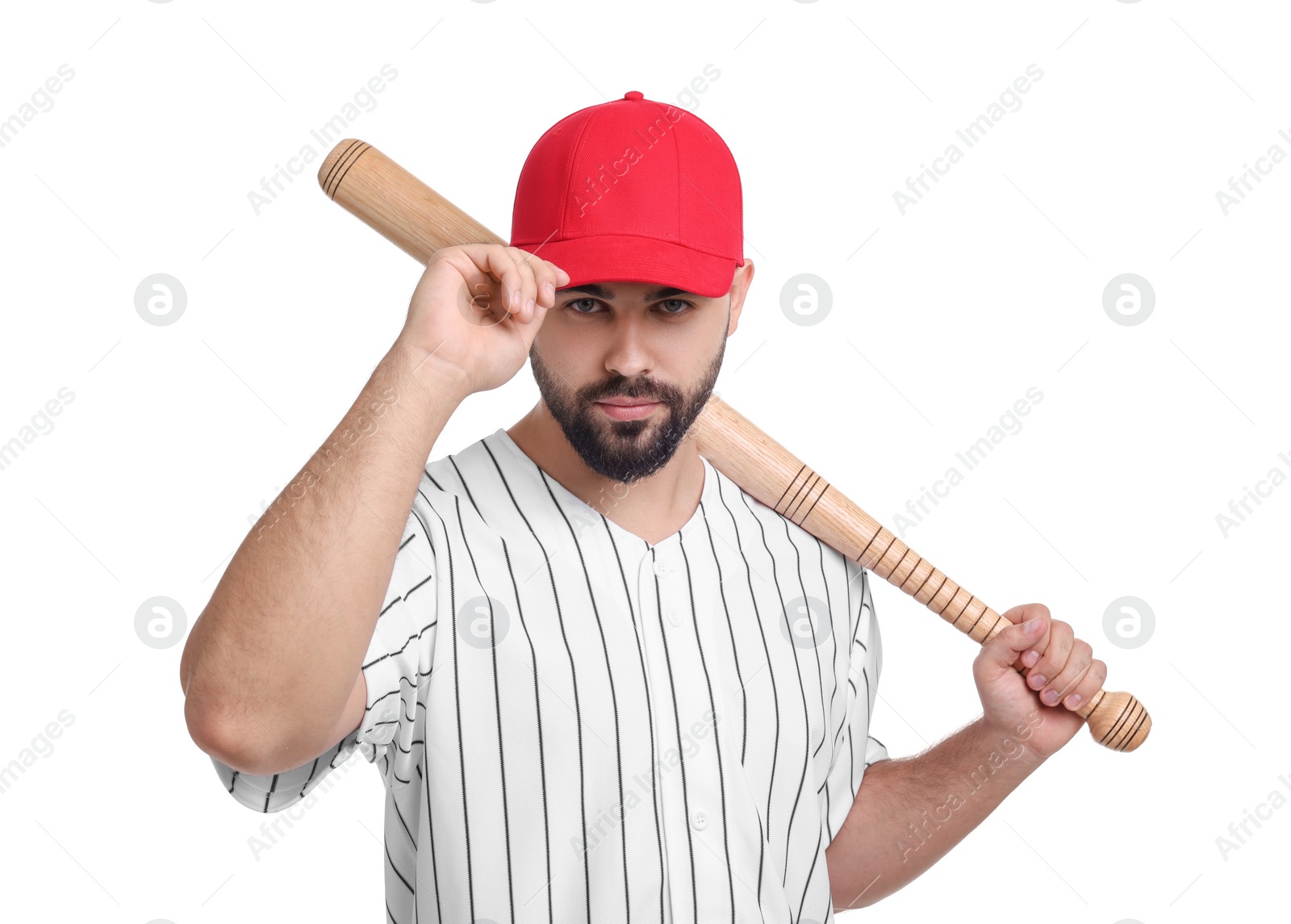 Photo of Man in stylish red baseball cap holding bat on white background