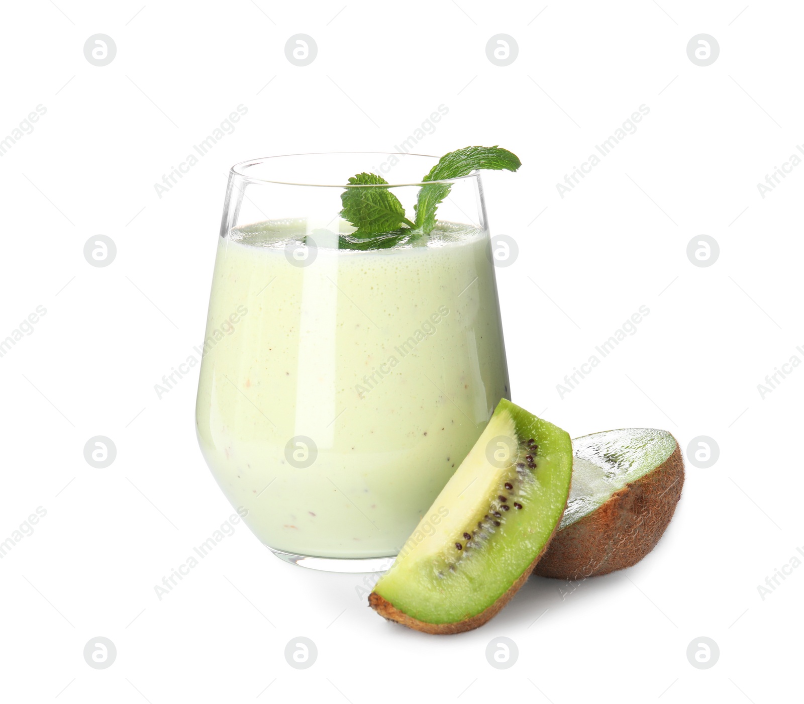 Photo of Tasty milk shake with mint and kiwi slices isolated on white