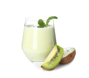 Photo of Tasty milk shake with mint and kiwi slices isolated on white