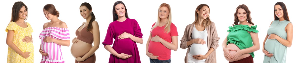 Image of Collage with photos of happy pregnant women on white background. Banner design