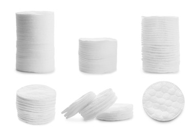 Image of Set with soft cotton pads on white background