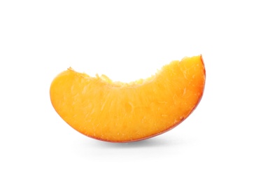 Slice of fresh sweet peach on white background