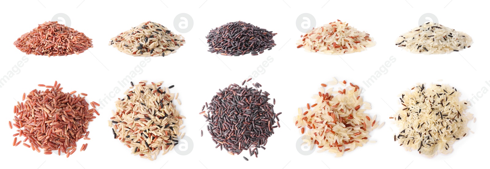 Image of Set with different types of rice on white background. Banner design