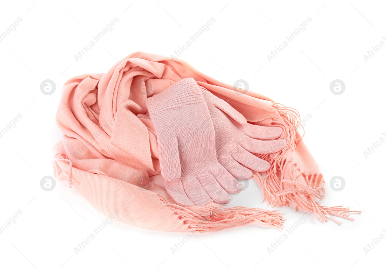 Photo of Stylish gloves and scarf on white background. Autumn clothes