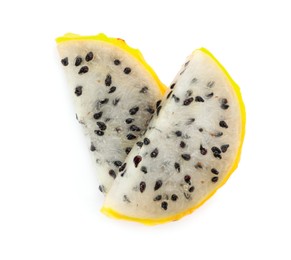 Slices of delicious yellow pitahaya fruit on white background, top view