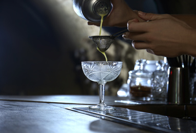 Bartender preparing fresh alcoholic cocktail at bar counter, closeup