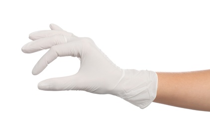 Photo of Doctor in medical gloves showing OK gesture on white background, closeup