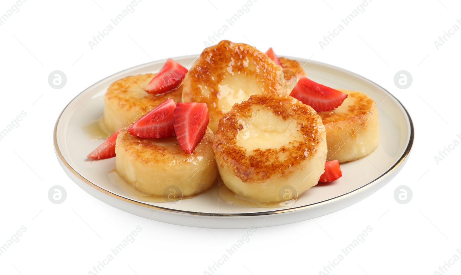 Photo of Delicious cottage cheese pancakes with strawberries and honey on white background