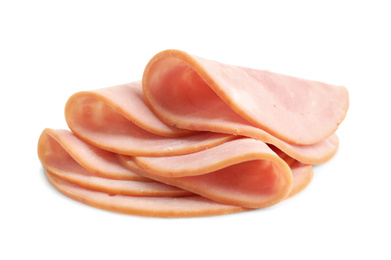 Photo of Slices of tasty fresh ham isolated on white