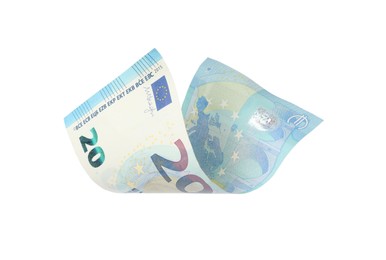 Image of 20 Euro banknote flying on white background