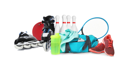 Set of different sport equipment on white background