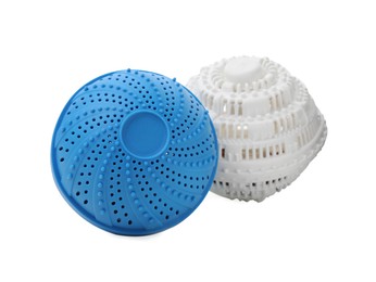 Photo of Dryer balls for washing machine on white background. Laundry detergent substitute