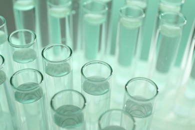 Photo of Many glass test tubes on light green background, closeup