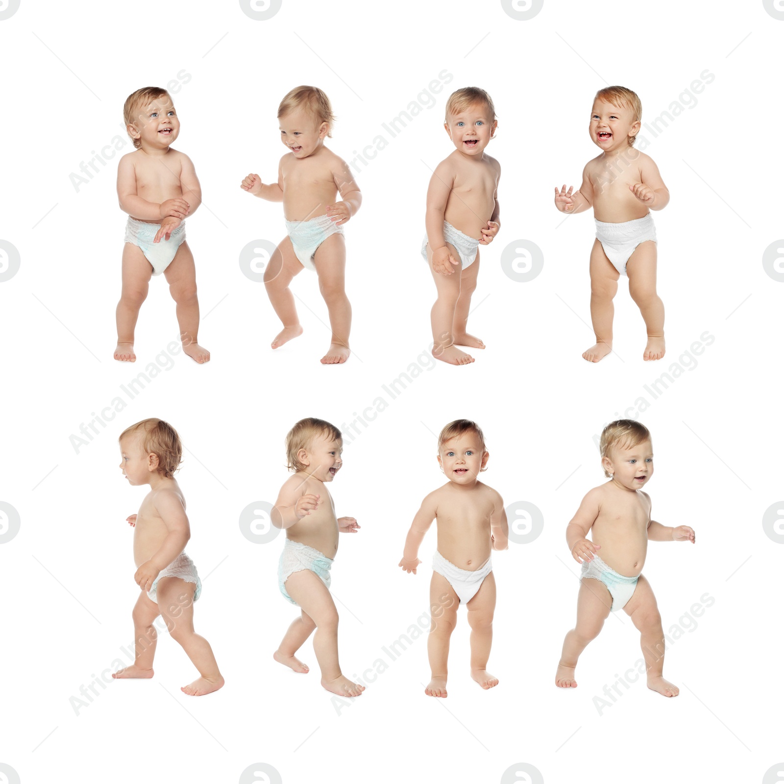 Image of Collage with photos of cute baby learning to walk on white background