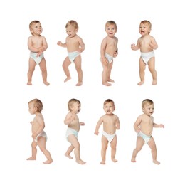 Collage with photos of cute baby learning to walk on white background