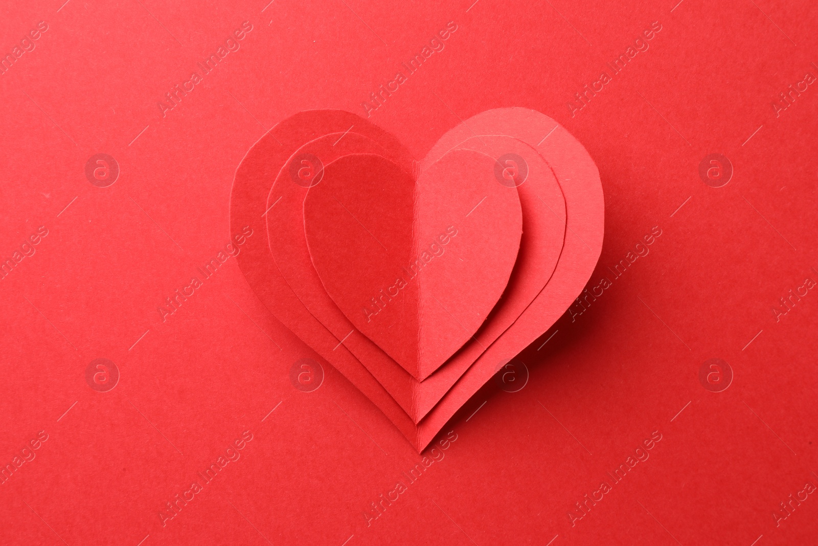 Photo of Paper hearts on red background, top view