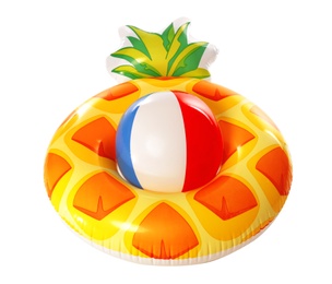 Photo of Bright inflatable ring and beach ball on white background