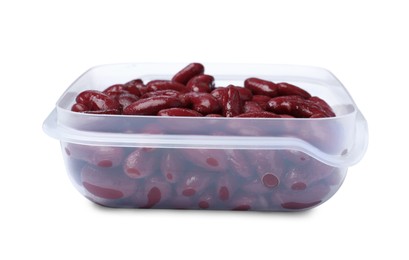 Photo of Fresh red kidney beans in plastic container isolated on white