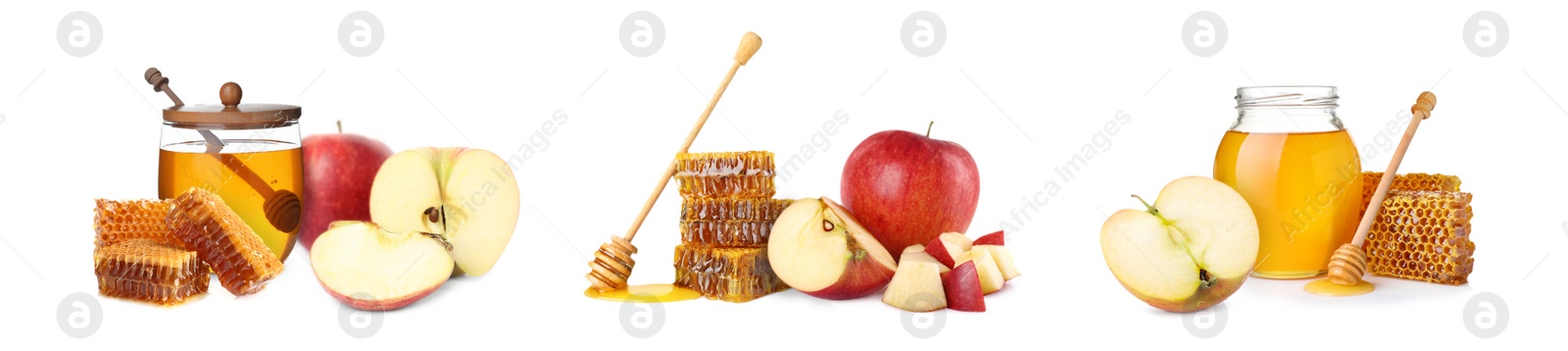 Image of Natural sweet honey and tasty fresh apples on white background, collage. Banner design