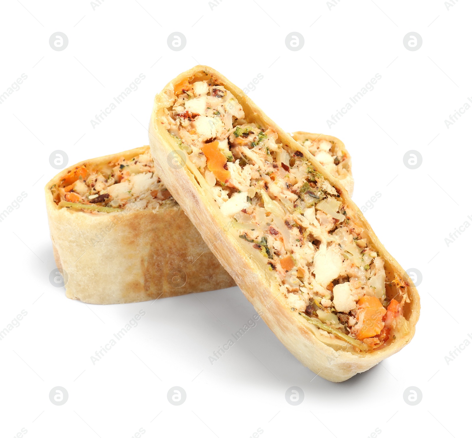 Photo of Pieces of tasty strudel with chicken and vegetables isolated on white